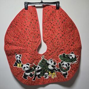 Vintage Panda Bear Cloth Christmas Tree Skirt Holiday Decor 60s 70s Retro Twee